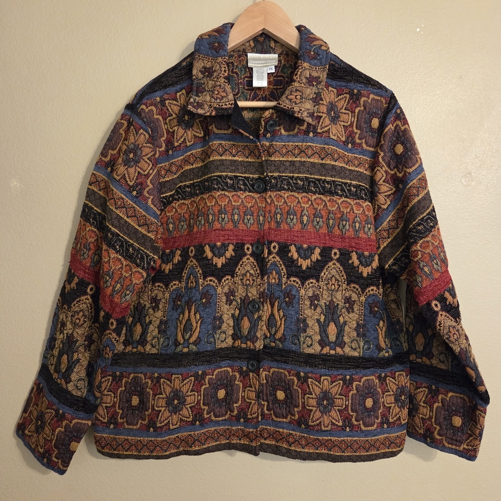 VINTAGE COLDWATER CREEK Multi Ethnic Floral Artsy Tapestry Jacket Women's SZ XL‎